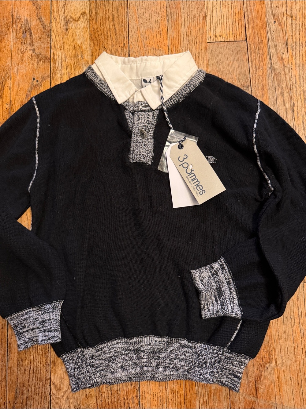 3Pommes boys Black V-Neck Sweater with Gray Marled Trim